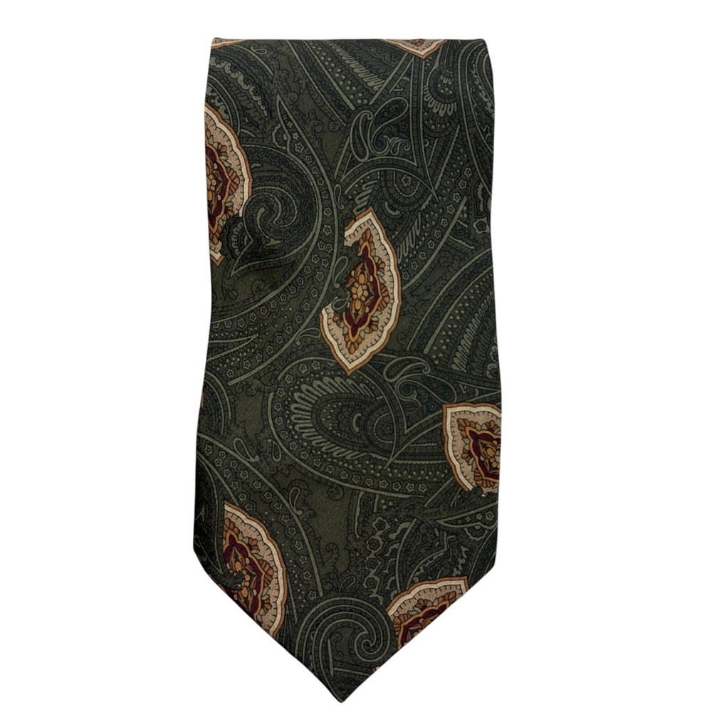 Pierre Balmain Tie Mens Green Brown Paisley 100%‎ Silk Made in USA